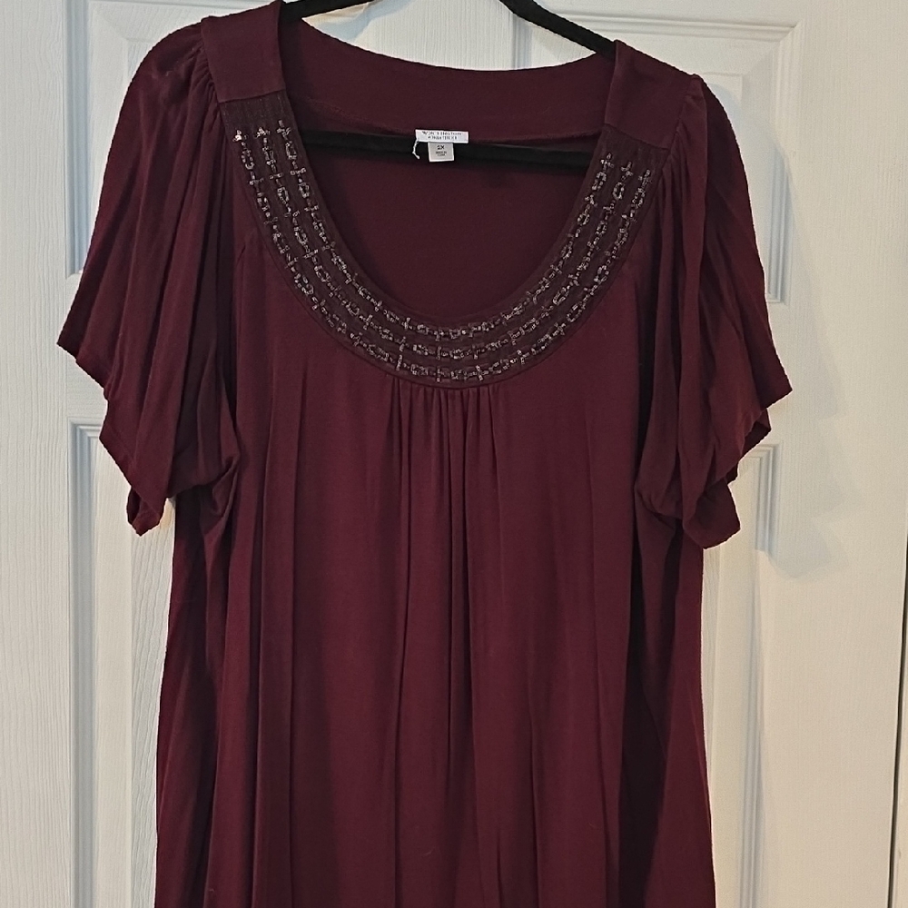 Worthington Burgundy Blouse with Embellished Neckline
